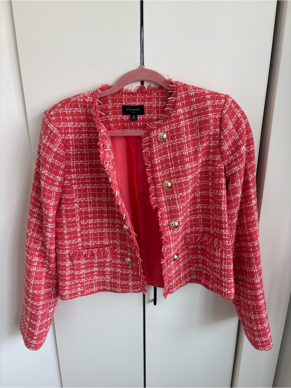 Tahari Pink Tweed Fringe Cropped Blazer